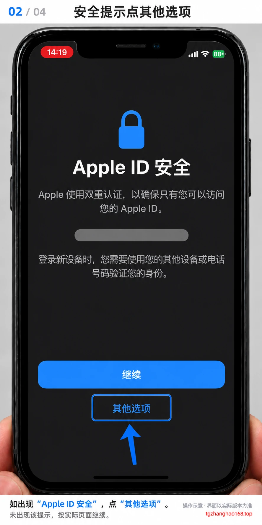 第2步：如出现 Apple ID 安全升级页面，先点击其他选项，打开下一步弹窗；未出现此页时，按实际页面继续。