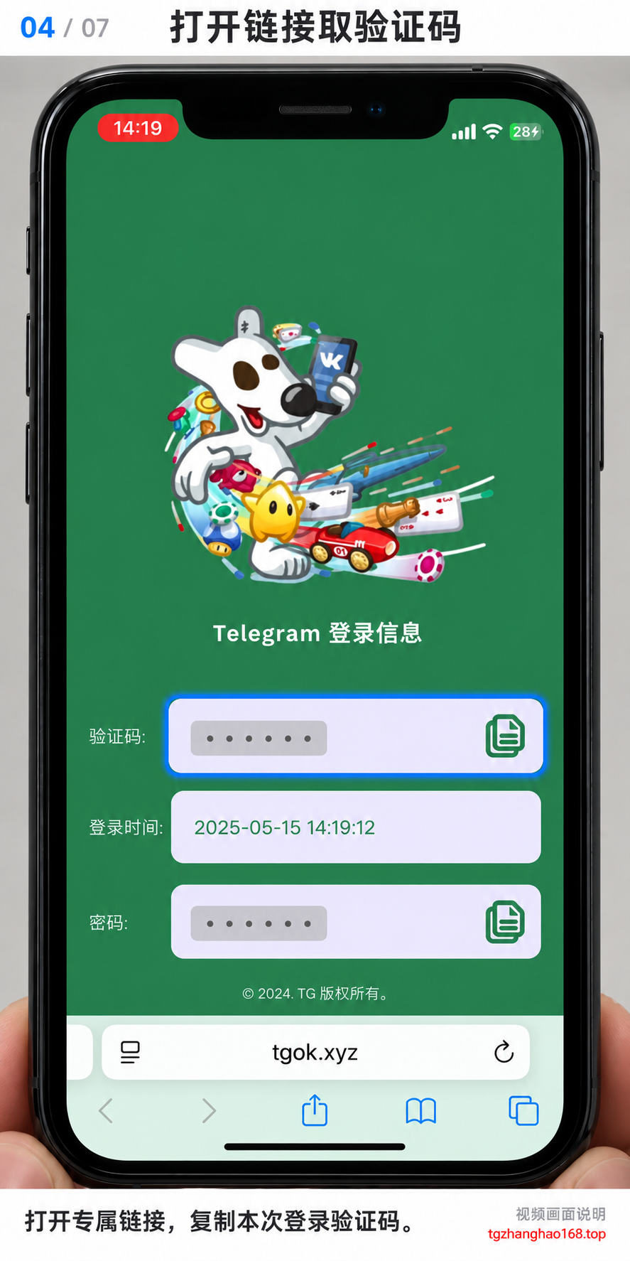 第4步：在浏览器打开订单中的专属链接，查看并复制本次登录验证码。