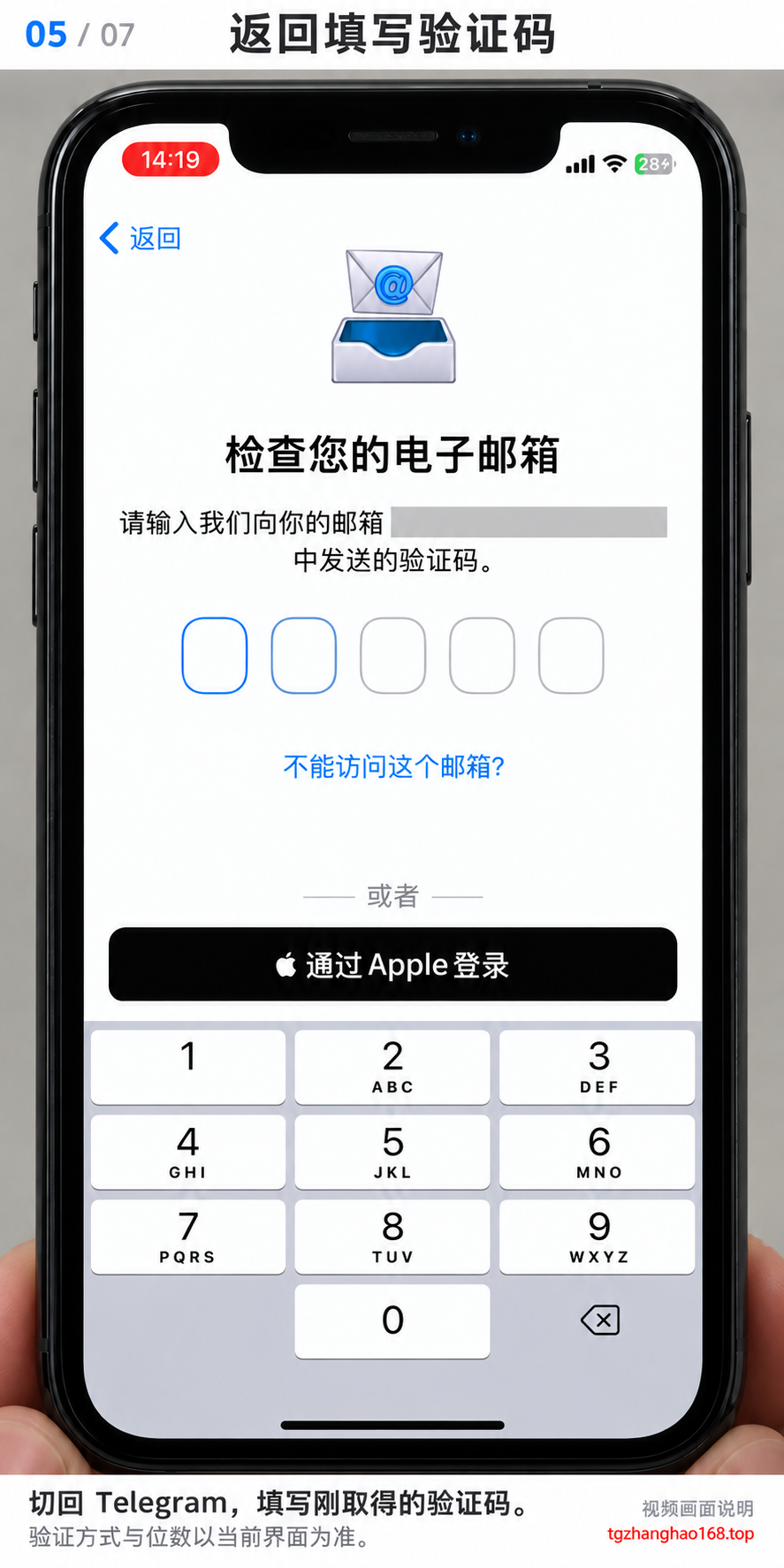第5步：切回 Telegram，填写刚取得的验证码。视频展示的是邮箱验证码页面，实际验证方式和位数以账号提示为准。